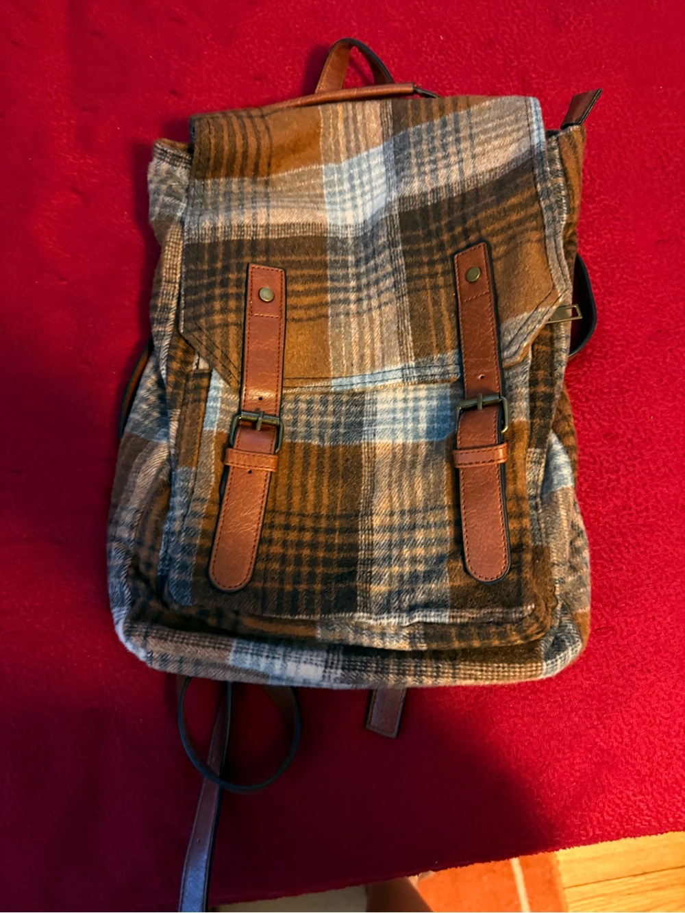 Brown Plaid Women’s Backpack with Leather Trim